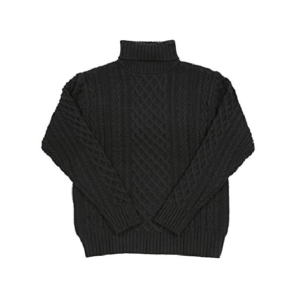 JIGGYS SHOP セーター メンズ ニット タートルネック ケーブル編み 厚手 長袖 防寒 ボーダー 2021年版 M ブラック